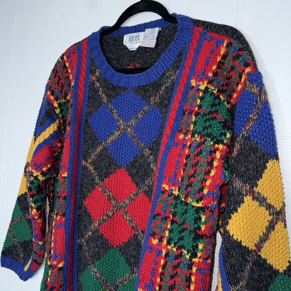 Eagle’s Eye Sport 1995 90s Vintage Men’s Hand Knit Argyle Geo Sweater Size Small - Picture 3 of 5